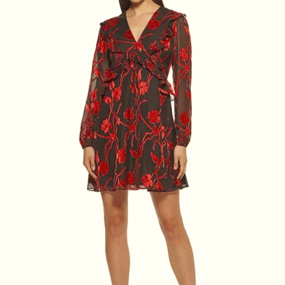 📢SALE KENSIE Black with Red Floral Burnout Chiffon Dress Size 12 NWT